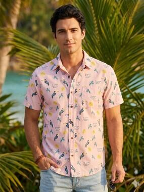 Party Pants Men's Medium "Toucan Party" Short Sleeve Button‎ Down Shirt - Pink